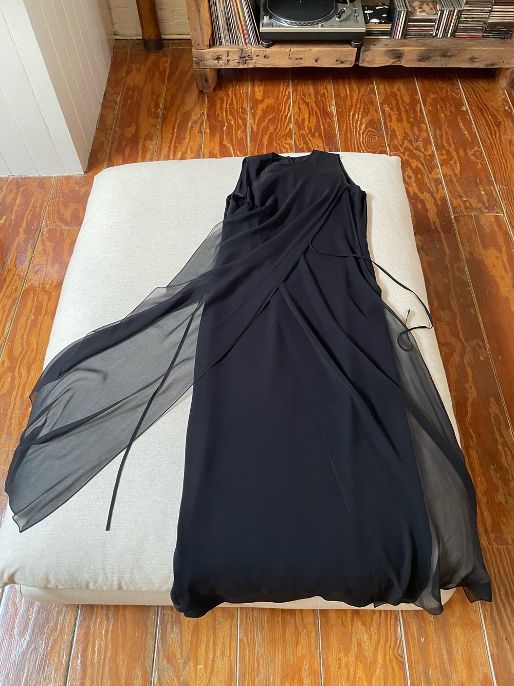 MORGAN LEFAY Black Sleeveless Dress with Silk Chiffon Overlay
